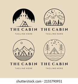set mountain and cabin line art logo icon and symbol. forest and tree with emblem vector illustration design