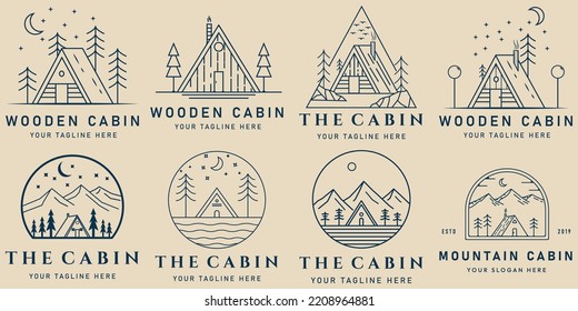 set mountain and cabin line art logo icon and symbol. forest and tree with emblem vector illustration design