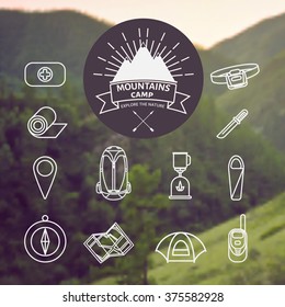 Set of mountain camp badge, logo and label and line icon templates. Travel, hiking, climbing style. Outdoor. Best for adventure sites, travel company etc. On blurred background. Vector.