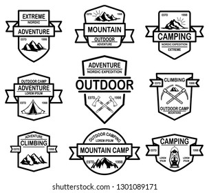 Set of mountain camp emblem templates. Design element for logo, label, emblem, sign, badge. Vector illustration