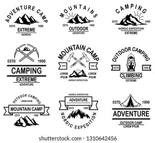 Set of mountain camp emblem templates. Design element for logo, label, emblem, sign, badge. Vector illustration