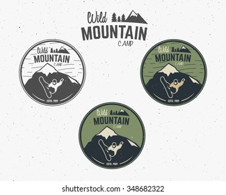 Set of Mountain camp vintage mountain explorer labels Outdoor adventure logo design Travel hand drawn and hipster insignia. Snowboard icon symbol Wilderness, forest camping badge. Vector illustration