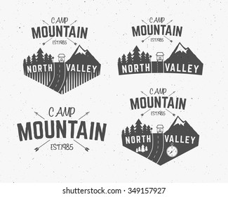 Set of Mountain camp vintage explorer labels Outdoor adventure logo design Travel hand drawn and hipster insignia. Winter Snowboard icon symbol Wilderness, rv, motorhome, forest camping badge. Vector.