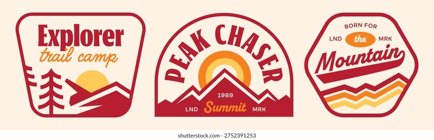 Set of mountain and camping badges collection. Retro outdoor stickers. Explorer patchs design.