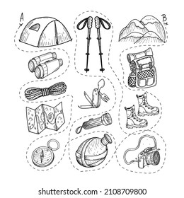 Set of mountain camping doodle design elements. Path from A to B. Tent, walking sticks, terrain map, compass, etc. Drawn vector illustrations, isolated on white background.