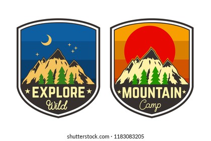 Set of mountain camping emblems. Design element for logo, label, sign, poster, t shirt. Vector illustration