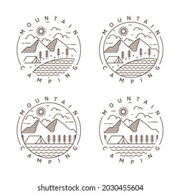 Set of mountain and camping monoline or line art style vector illustration