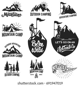 Set of mountain camping, outdoor adventure, mountains labels. Design elements for logo, label, emblem, sign. Vector illustration