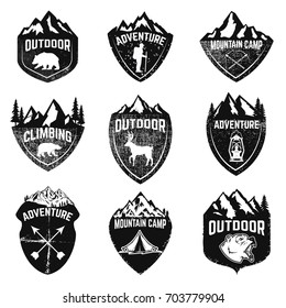 Set of mountain camping, outdoor adventure, mountains labels. Design elements for logo, label, emblem, sign. Vector illustration