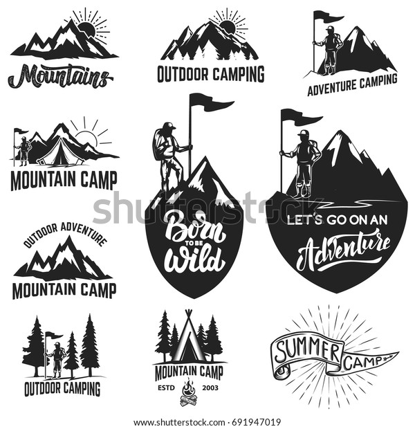 マウンテンキャンプ アウトドアアドベンチャー 山のラベルのセット ロゴ ラベル エンブレム サインのデザインエレメント ベクターイラスト のベクター画像素材 ロイヤリティフリー