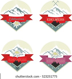 Set of mountain climber emblem. Camping badges. Banner. Outdoor events and travel label. Ski resort, adventure, edelweiss, tourism, expedition logo.