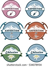 Set of mountain climber emblem. Camping badges. Banner. Outdoor events and travel label for Ski resort, adventure, edelweiss, tourism and expedition logo. Symbol of Alp mountains. Blooming edelweiss flower.