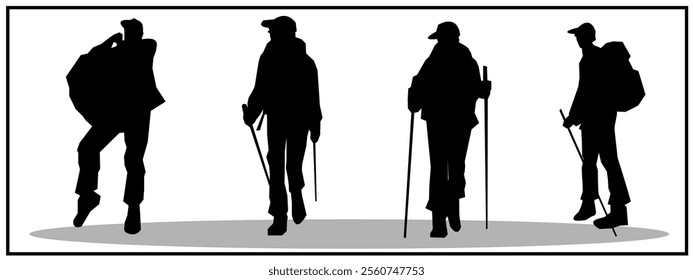 Set of mountain climber silhouettes. adventure, freedom, camping.