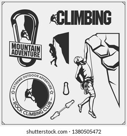 Set of mountain climbing labels, emblems and design elements. Rock climbers silhouettes. Vector monochrome illustration.