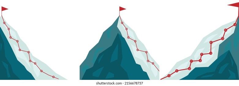 Set of Mountain climbing route to peak in flat style. Business journey path in progress to success vector cartoon illustration. Mountain peak, climbing route to top rock