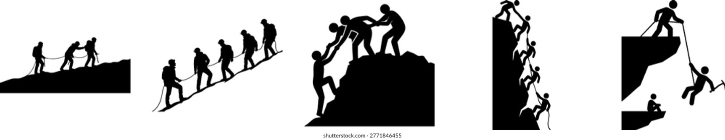 Set of mountain climbing silhouettes representing teamwork and business success. People helping each other to reach the summit, rock climbing team icons on white background.