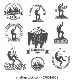 Set of mountain climbing vintage logos, emblems, silhouettes and design elements. 