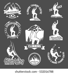 Set of mountain climbing vintage logos, emblems, silhouettes and design elements. logotype templates and badges with climber, mountains, forest, trees, ice axe.