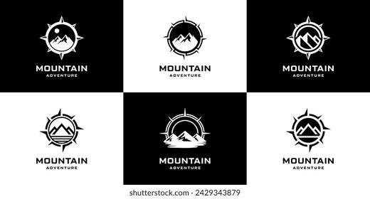 Conjunto de plantilla de diseño de logotipo de brújula de montaña.