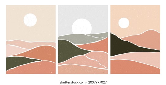 set of mountain. creative minimalist hand painted illustrations of Mid century modern art. Natural abstract landscape background