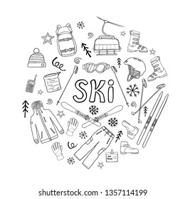 Set of mountain and cross-country skis design elements in round shape. Sport clothes, accessories and equipment isolated on white background. Black and white vector illustration