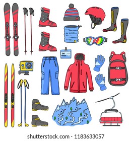 Set of mountain and cross-country skis icons isolated on white background. Sport clothes, accessories and equipment. Color vector illustration