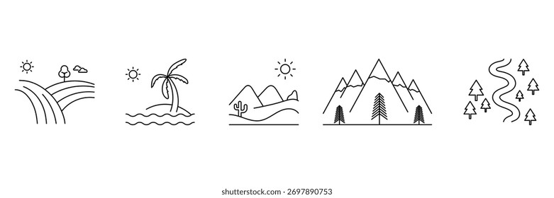 Conjunto de Ilustraciones de montaña, desierto y línea de playa. Iconos de escena de aventura y Naturaleza. 