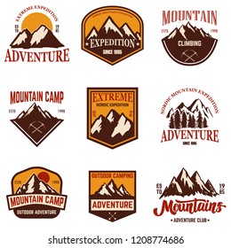 Set of mountain emblems. Hiking, tourism, extreme expedition. Design element for logo, label, sign, poster, card, t shirt. Vector illustration