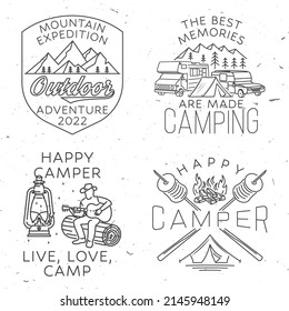 Set of mountain expedition badge. Vector illustration. Concept for shirt or logo, print, stamp or tee. Vintage line art design with campfire, marshmallow, rv, motorhome, camping trailer.