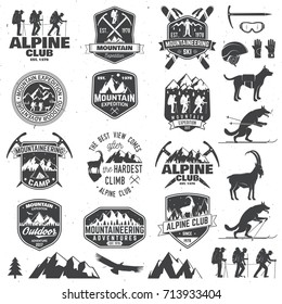 Set of mountain expedition badges with design elements. Vector. Concept for alpine club shirt or logo, print, stamp or tee. Design with mountaineers and mountain silhouette. Outdoors adventure emblems