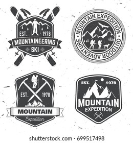 Set of mountain expedition badges. Vector. Concept for alpine club shirt or logo, print, stamp or tee. Vintage typography design with mountaineers and mountain silhouette. Outdoors adventure emblems.