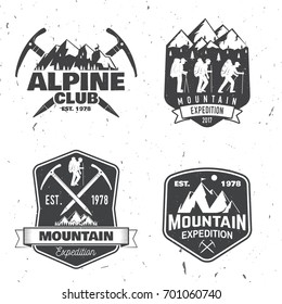 Set of mountain expedition badges. Vector. Concept for alpine club shirt or logo, print, stamp or tee. Vintage typography design with mountaineers and mountain silhouette. Outdoors adventure emblems.