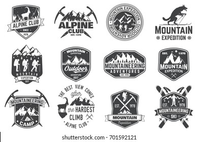 Set of mountain expedition badges. Vector. Concept for alpine club shirt or logo, print, stamp or tee. Vintage typography design with mountaineers and mountain silhouette. Outdoors adventure emblems.
