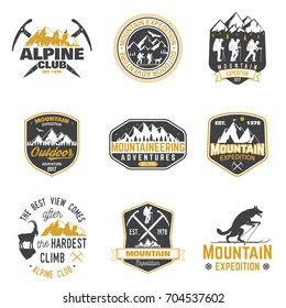 Set of mountain expedition badges. Vector. Concept for alpine club shirt or logo, print, stamp or tee. Vintage typography design with mountaineers and mountain silhouette. Outdoors adventure emblems.