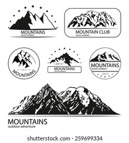 Set of mountain and expedition logo emblems. Outdoor adventure collection.