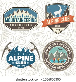 Set of mountain expedition patch. Vector. Concept for alpine club shirt or badge, print, stamp or tee. Vintage typography design with mountaineers and mountain silhouette. Outdoors adventure emblems.