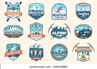 Set of mountain expedition patch. Vector. Concept for alpine club shirt or badge, print, stamp or tee. Vintage typography design with mountaineers and mountain silhouette. Outdoors adventure emblems.