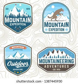 Set of mountain expedition patches. Vector. Concept for alpine club shirt or badge, print, stamp or tee. Vintage typography design with mountaineers and mountain silhouette. Outdoors adventure emblems