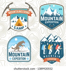 Set of mountain expedition patches. Vector. Concept for alpine club shirt or badge, print, stamp or tee. Vintage typography design with mountaineers and mountain silhouette. Outdoors adventure emblems