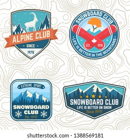 Set of mountain expedition and snowboard club patch. Vector. Concept for badge, print, stamp or tee. Vintage typography design with mountaineers and mountain silhouette. Outdoors adventure emblems.