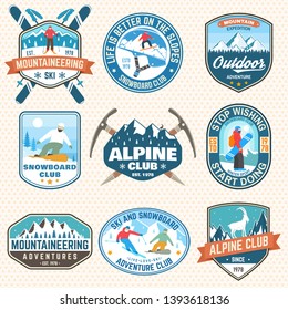 Set of mountain expedition and snowboard club patch. Vector. Concept for badge, print, stamp or tee. Vintage typography design with mountaineers and mountain silhouette. Outdoors adventure emblems.