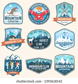 Set of mountain expedition and snowboard club patch. Vector. Concept for badge, print, stamp or tee. Vintage typography design with mountaineers and mountain silhouette. Outdoors adventure emblems.