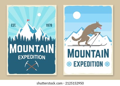 Set of mountain expedition and snowboard club retro posters. Vector. Vintage typography design with mountaineers and mountain silhouette. Outdoors adventure flyer, banner.