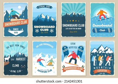 Set of mountain expedition and snowboard club retro posters. Vector. Vintage typography design with snowboarder, mountaineers and mountain silhouette. Extreme winter sport. Outdoors adventure flyer