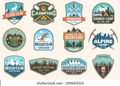 Set of mountain expedition and summer camp patches. Vector Concept for shirt or print, stamp, badge or tee. Vintage typography design with forest camp, mountains expedition. Outdoors adventure emblems
