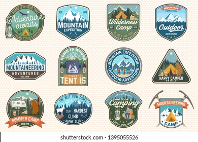 Set of mountain expedition and summer camp patches. Vector Concept for shirt or print, stamp, badge or tee. Vintage typography design with forest camp, mountains expedition. Outdoors adventure emblems