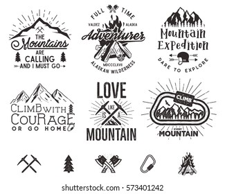 Set of mountain explorer climbing labels, outdoors expedition emblems. Vintage hiking silhouettes logos with hiking design elements. Wilderness patches, insignia. Stock Vector