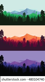 Set of mountain and forest landscape backgrounds in day, in evening, in night. 