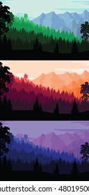 Set of mountain and forest landscape backgrounds in day, in evening, in night.