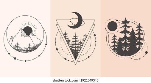 Set Of Mountain And Forest Landscape In Tattoo Style. Vector Illustration